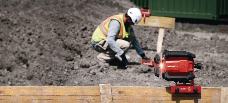 PR 40–22 rotační laser s jednoosým sklonem Robustní venkovní rotační laser s automatickými funkcemi vyrovnání na velké vzdálenosti, zarovnávání, spádování a vyměřování pravých úhlů (platforma baterie Nuron) Použití 1